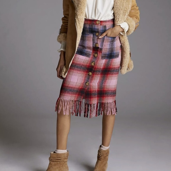 Anthropologie Maeve Fringed Pink Blue Plaid Button Mini Skirt0 new